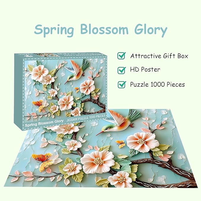 Puzzles for Adults 1000 Pieces, Flower Bird Puzzle 1000 Pieces - Spring Blossom Glory, Impossible Hummingbird Puzzle, Finished Size 19.69 * 27.56", with 1:1 Poster