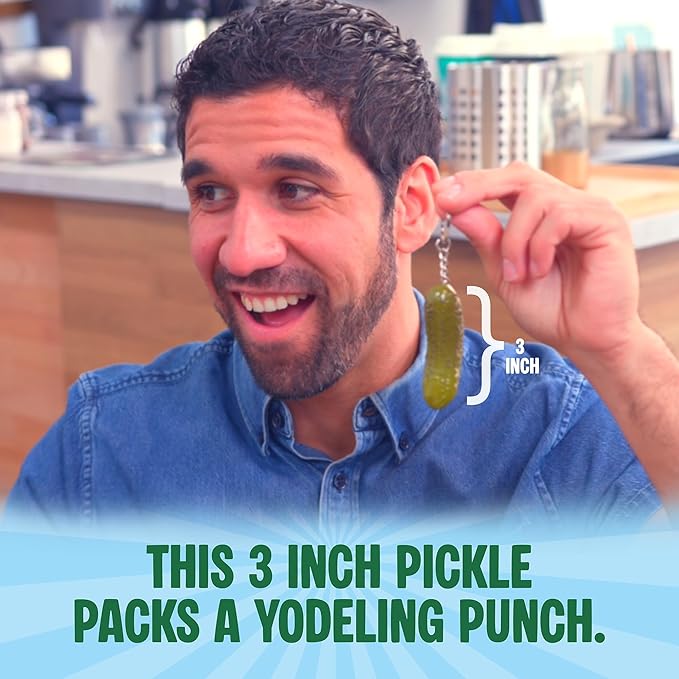 DR DINGUS Tiny Yodeling Pickle Keychain (3 Inches) - Sings Dill-lightful Musical Yodel Song - Singing Novelty Gag Gift for Friends Family Coworkers Office Students Classroom White Elephant
