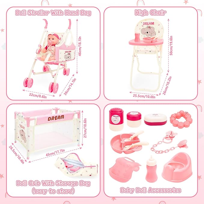 deAO Baby Doll Stroller Toys with 12" Baby Doll Accessories Crib Bed High Chair Nursery Role Play Set Play Mat,Travel Cot,Bouncer,Foldable Stroller,Travel Bag, Birthday Gifts for Toddlers Girls Boys
