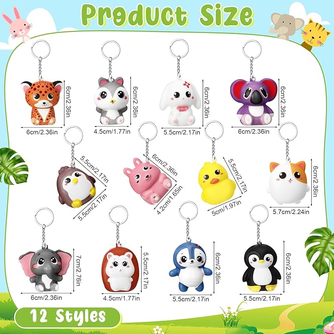 24 Pcs Animal Squeeze Stress Ball Keychains Party Favors Cute Stress Relief Toy Keychain Goodie Bag Stuffers for Teacher Student Team Employee Coworker Birthday Gifts