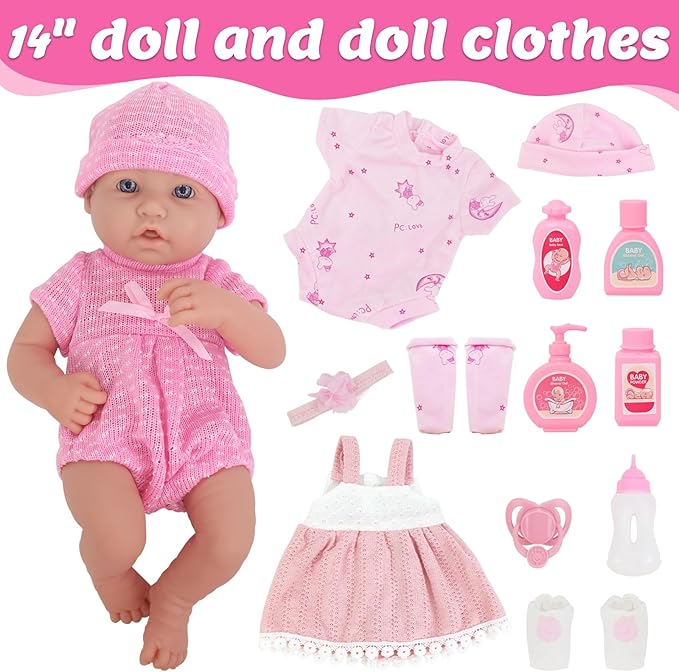 UNICORN ELEMENT 14 Inch Baby Doll-Baby Dolls with 15 Piece Accessories Set, Soft Body Baby Girl Doll, with Bottle & Pacifier, Clothes and Hats, Gift Box for Toddlers Ages 3 4 5