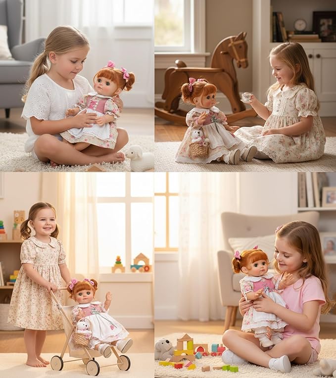 Baby Doll, 18 Inch Realistic Reborn Toddler Real Life Baby Dolls with Vintage Floral Dress, Little Bear & Woven Basket, Premium Collectible Doll Gifts for 3+ Year Old Girls