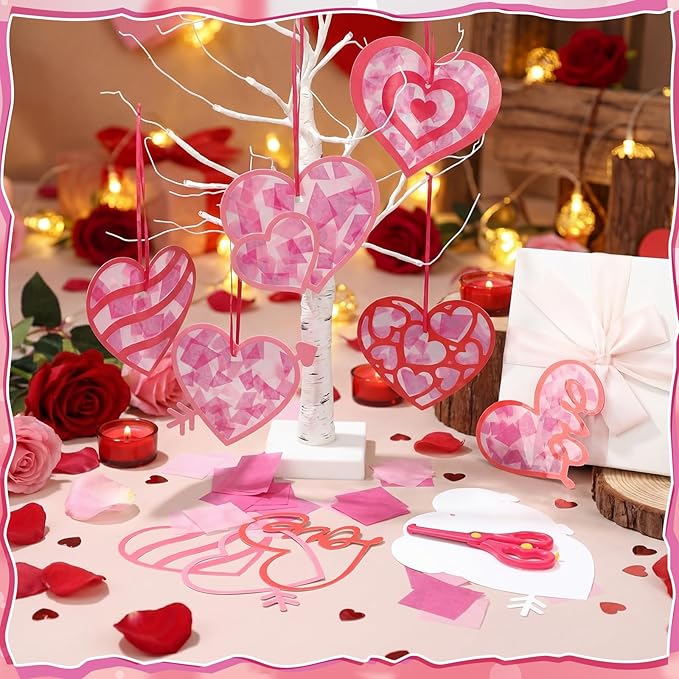 Feifeiya 24 Sets Valentine's Day Crafts for Kids Pink Heart Suncatcher Stained Glass Effect Tissue Paper Crafts Hanging Ornaments Kit for Valentine Party Favors Classroom DIY Art Project Supplies