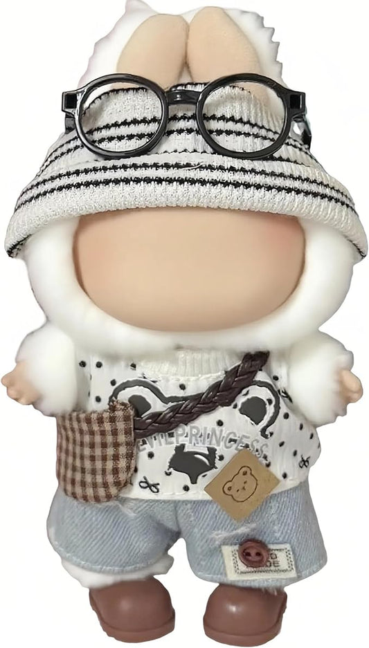 17cm Doll Clothes – 6-Piece Set, Hat + Overalls + Shirt + Backpack + Glasses + Shoes, Cute and Premium Dolls Outfit Accessories (White Bear)
