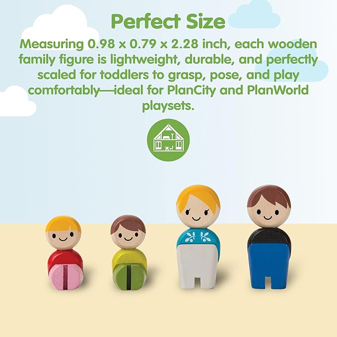PlanToys® Family Wooden Dollhouse Figurine Set | 4 Poseable 1:12 Scale Mini Dolls (Parents & Kids) | Dollhouse Accessories for Pretend Play | Eco-Friendly Montessori Toy for Kids Ages 3+