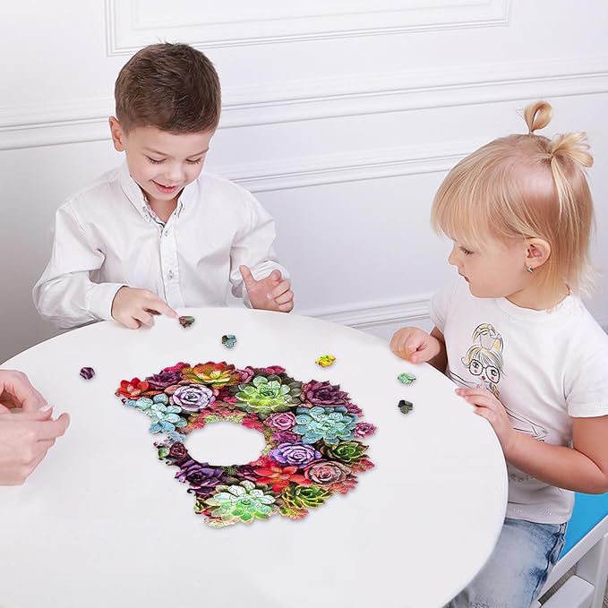 Delobil Succulent Garland Wooden Puzzles for Adults, 200 Pieces Mandala Jigsaw Puzzles, Unique Shaped Medium Size Wood Puzzle Gift for Kids, Family Game 11.3'' x 10.5''