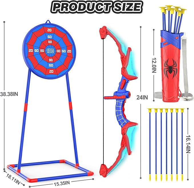 Bow and Arrow Set for Kids, LED Light Up Archery Set with 7 Suction Cup Arrows, Quiver & Standing Web Target for Indoor/Outdoor, Birthday Gifts Toys for 4 5 6 7 8 9 10 12 Year Old Boys Girls