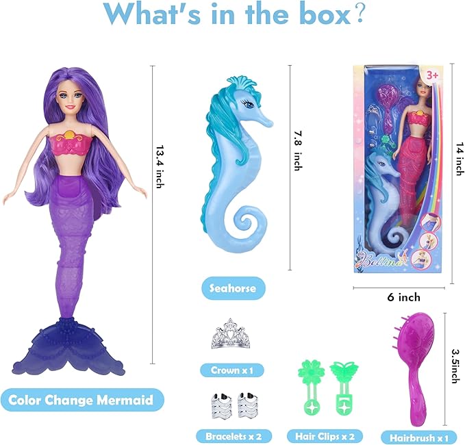 BETTINA Color Change Mermaid Doll Playset, Mermaid Princess Doll with Color-Changing Tail, Mermaid Toys with Seahorse & Accessories, Purple Hair