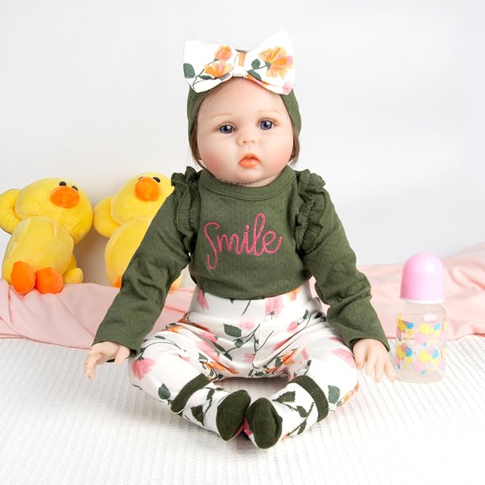 Reborn Baby Doll Clothes Outfit Accessories Army Green 4pcs Set for 17-22 Inch Reborn Doll Newborn Girl