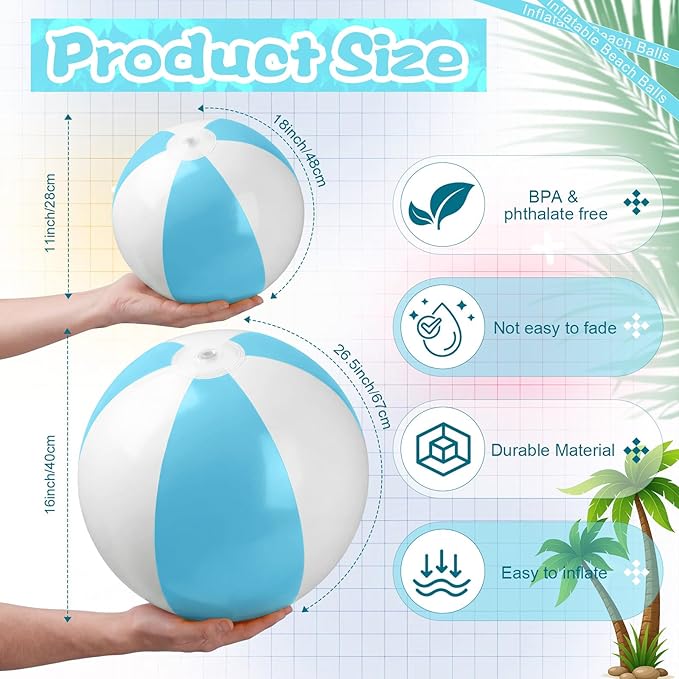 5 Pcs Inflatable Beach Balls 24 & 16 Inch Pastel PVC Large Beach Balls Bulk Blow up Pool Water Game Toy for Kid Adult Birthday Luau Summer Pool Party Favors Decorations(Blue)