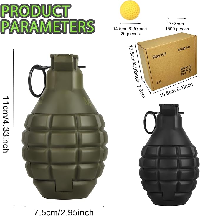 Tactical Toy-Grenade for CS Battle Game,2Pcs Fall Resistant Refillable Fun Impact,Pull Ring Grenade Toy with 20 Foam Ammo for 14+ Outdoor Sport