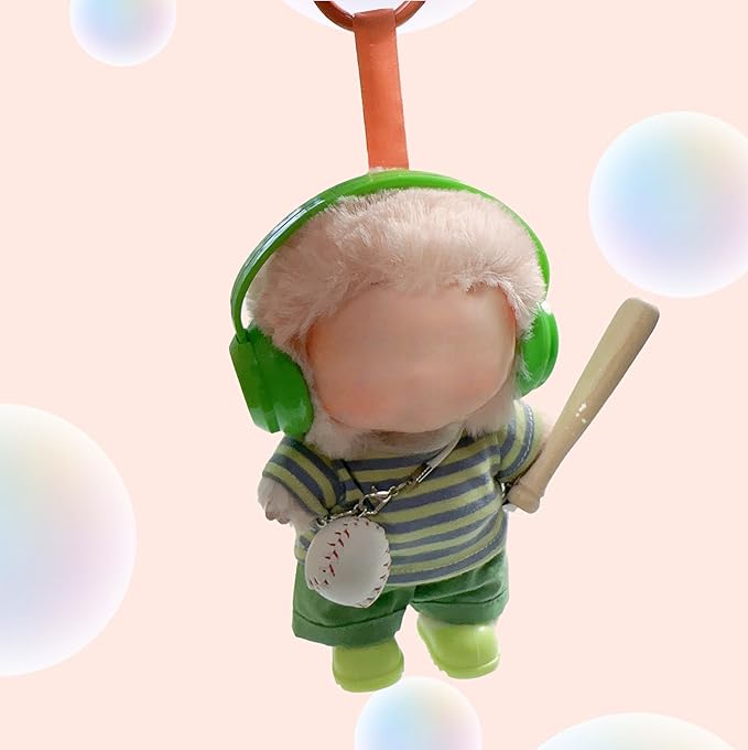 15cm/17cm Doll Outfit Suitable for Labubu Clothes –Sports Wear Outfits Gym Dolls Accessories for Dressing Up (No Doll Included) (D-Green Stripe Baseball Suit 6-Piece Sets)