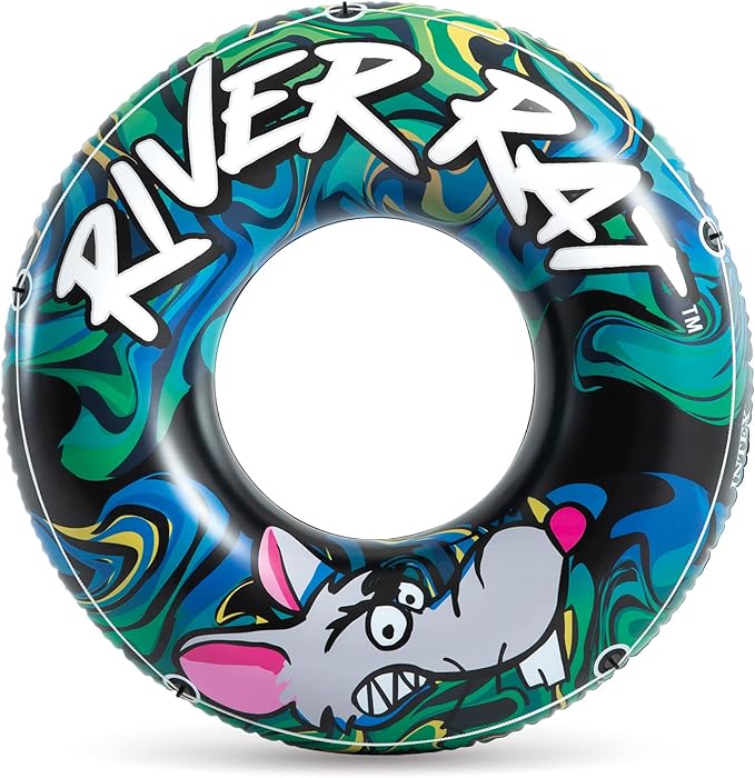 Intex River Rat 48 Inch Inflatable Vinyl Towable Boat Floating Tube Raft for Swimming Pool and Lake in Green Rat or Graffiti Rat Design, Color Varies