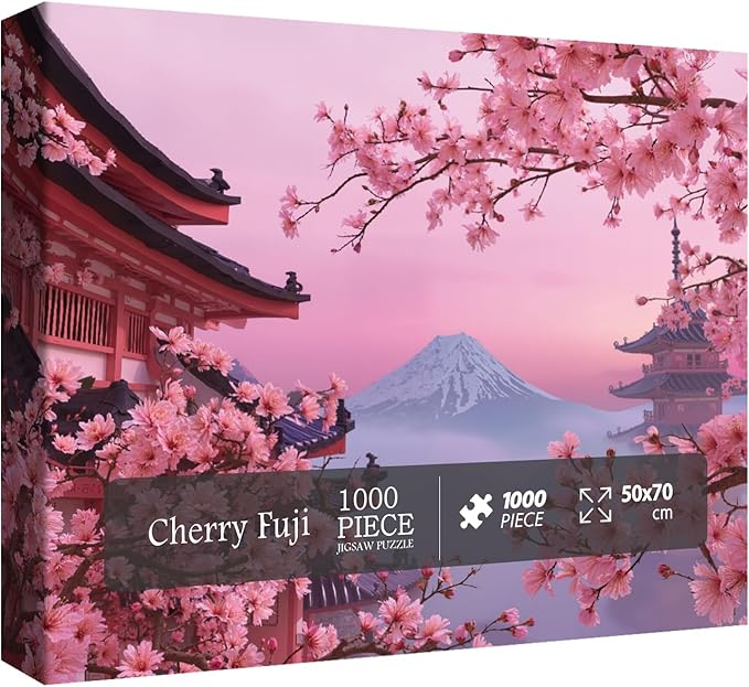 Flower Japan Landscape Puzzle for Adults 1000 Pieces, Challenging Cherry Blossom Jigsaw Puzzle, Beautiful Floral Mountain Pink Asian Japanese Puzzle