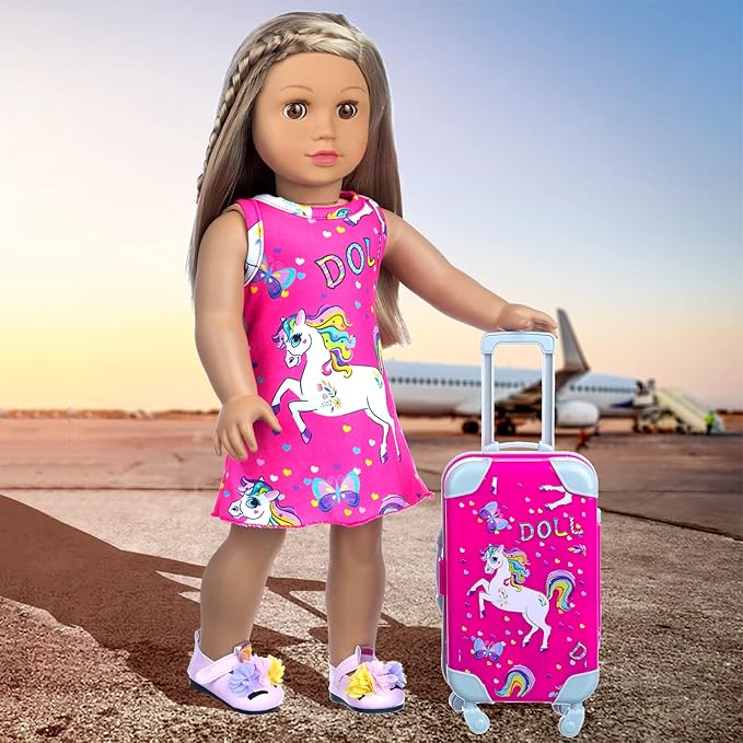 ZQDOLL American 18 Inch Doll Clothes and Accessories Travel Luggage Play Set Including 18 Inch Doll Clothes Travel Suitcase Travel Pillow and Eye Mask(Dolls & Shoes Not Included)