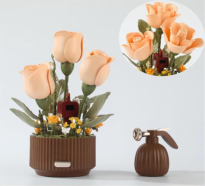 Electric Flower Bouquet Building Set with Remote Control Spray-Bottle, 255 PCS,Original Music (Type :Symphony) Motorized Roses Flowers STEM Construction Kit, Automatic Blooming Bouquet