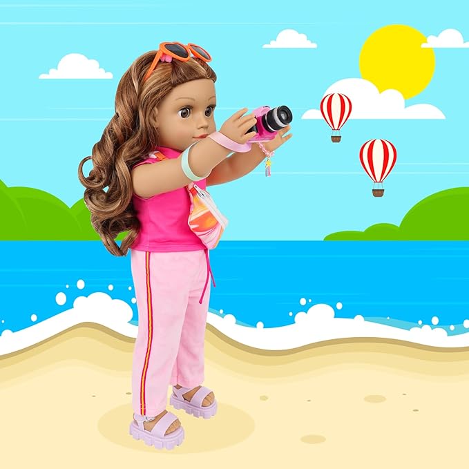 American 18 inch Doll Clothes and Accessories Travel Bag Set Including Pink Top Pants Sunglasses Camera Toy Cell Phone Hair Ties and Bracelet Fit for 18 inch Doll