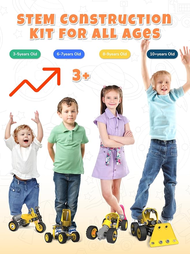 10 in 1 STEM Building Toys for Kids Ages 4-8, Educational Construction Engineering Building Kit for Boys Girls, Motorized Bulldozer Excavator Toy Set