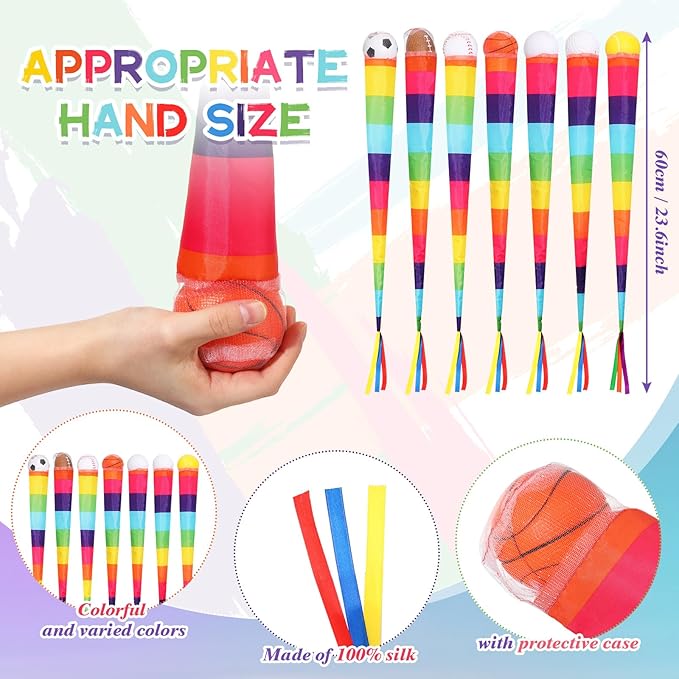 Leyndo 7 Pcs Throw and Catch Ball with Rainbow Tail Soft Rainbow Play Balls, Playground Equipment 25.59 Inches, Suitable for Sports Indoor Outdoor Games Activities Throwing School