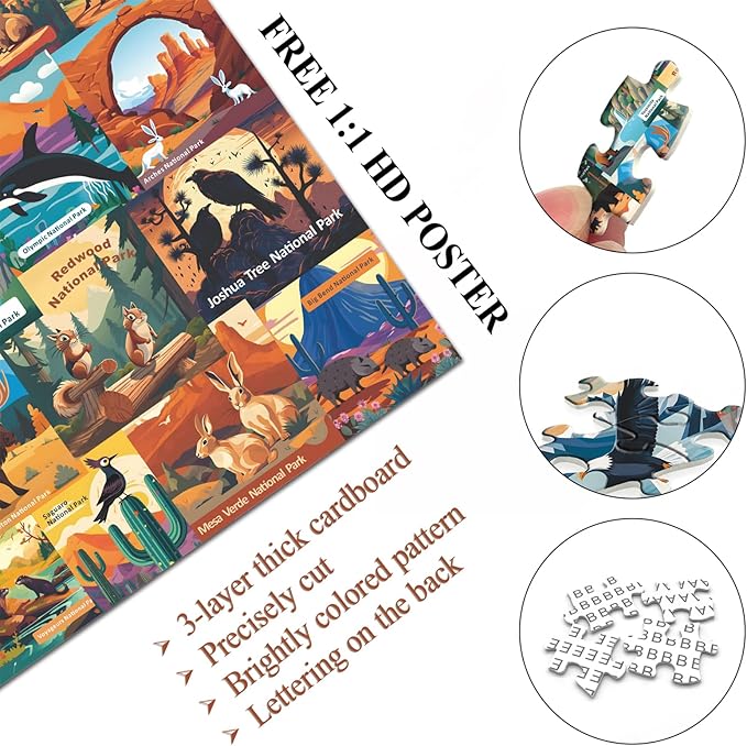 American National Parks Puzzle for Adults 1000 Pieces, PICKFORU Travel Poster Landscape Puzzle Scenery of Zion Yellowstone Yosemite with Animals, Scenic Jigsaw Puzzles for Adults Mountain Scene