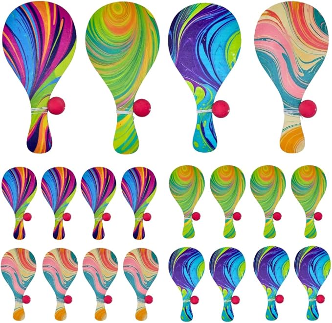 Psychedelic Paddle Ball Set of 16 – Vintage Wooden Paddle Ball with String | Retro 90s Party Favors, Carnival Prizes & Fun Desk Game for Adults – Indoor Outdoor Game