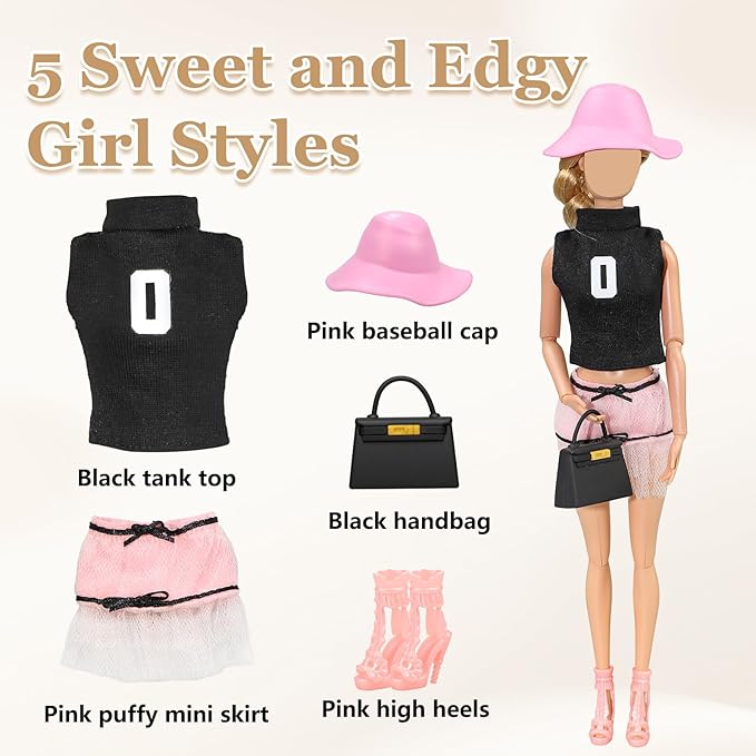 11.5 Inch Doll Clothes Set - 5 Outfits Fashion Doll Clothing & Accessories, Casual Wear Dresses, Jeans, Tops, Skirts, Fur Coats, Bags, Hats, Boots for 11.5" Fashion Dolls, Gift for Girls(22)