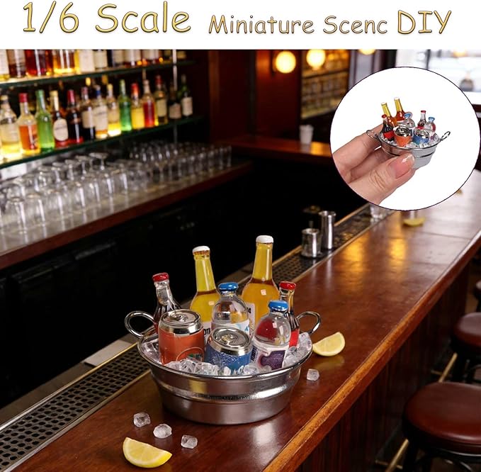 1 Set Doll House Items Mini Beer Soda Cans Water Bottle with Miniature LCE Bucket&LCE Miniature Money for Mini Christmas Elf Doll Props&Accessories,Craft Projects,Action Figure Accessories