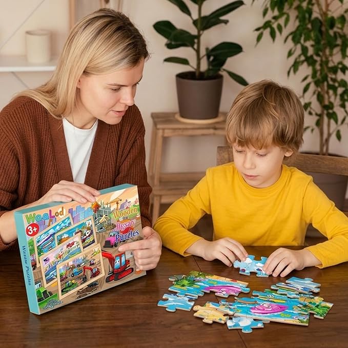 24 Piece Wooden Vehicle Jigsaw Puzzles for Kids 3-5, 4 Packs Transportation Puzzle with Storage Tray, Construction Excavator, Fire Truck & Airplane STEM Learning Toys, Birthday Gift for Kids Ages 3-8