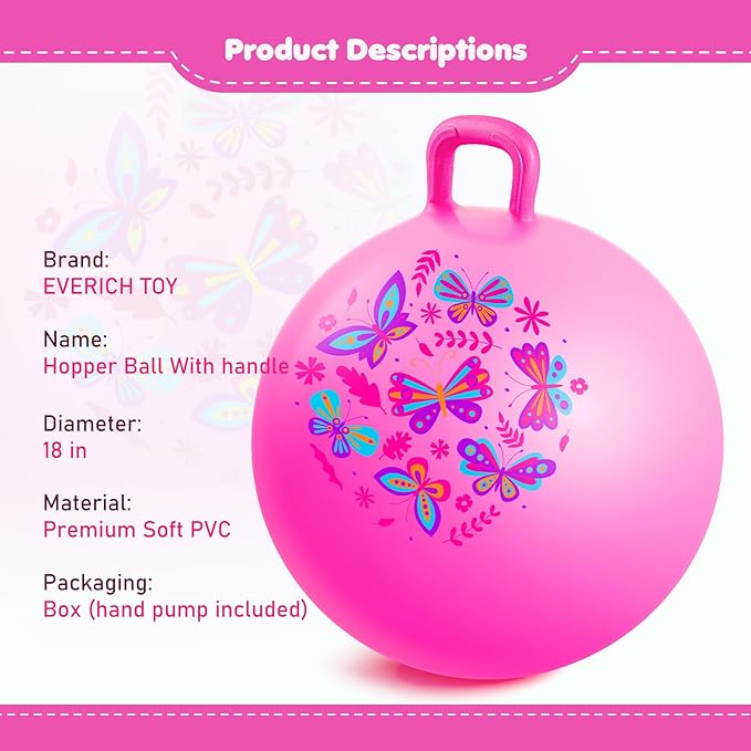 EVERICH TOY Hopper Ball, Pink Butterfly Hopping Toys for Kids, 18 Inch Bouncy Ball with Handle, Indoor Outdoor Inflatable Hoppity Hop Toy for Girls Boys Gift with Free Pump