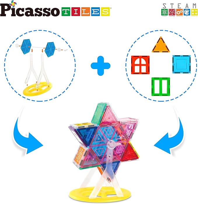 PicassoTiles Magnet Tile Building Blocks Ferris Wheel Amusement Rotating Accessory Kit Compatible with Full Sized Magnetic Tiles Construction Toy Set Education STEM Learning 3D Toddler Kid Age 3+ PT09