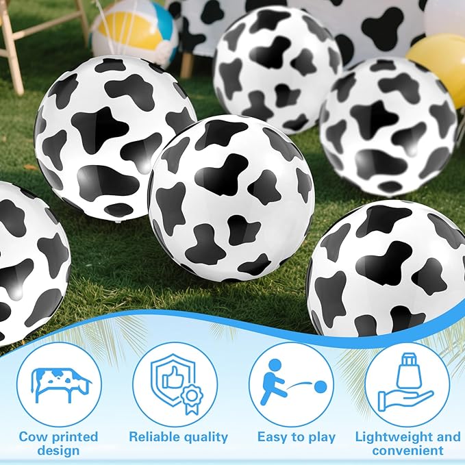 12 Pieces Inflatable Beach Ball Set - 10 Inch Cow Print Beach Balls for Theme Party Supplies Summer Pool Decor Cowgirl Cowboy Farm Animal Birthday Fun Party Favors