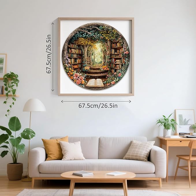 1000 Piece Round Jigsaw Puzzles for Adults, Forest Bookshelf Library, 26.5" Large Circular Puzzle with Letters on Back, Challenging Family Game & Wall Decor, Ideal Gift for Book Lover