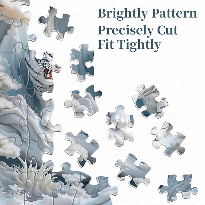 White Tiger Puzzles 1000 Pieces for Adults, Nature Forest Wild Animals Jigsaw Puzzles, Snowy Tiger Paper Cut Puzzle as Home Wall Art