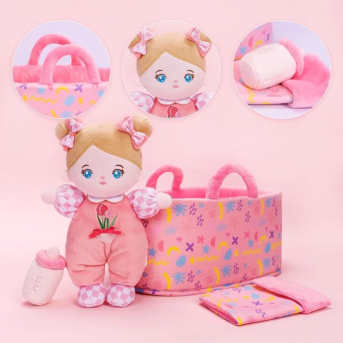 OUOZZZ Baby Doll Accessories with Soft Doll, Bassinet, Blanket and Bottle, Interactive Pretend Playset for Social Emotional Learning, Perfect Birthday Toy & Gift for 2 Year Old Girls
