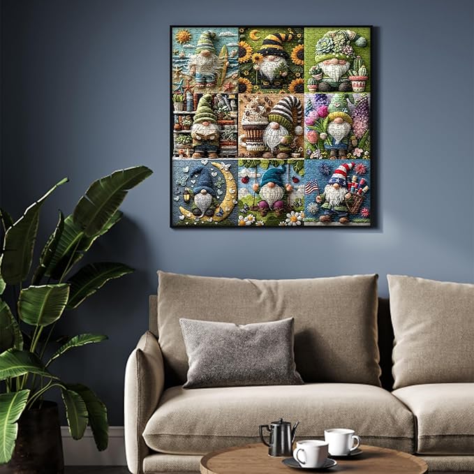 PICKFORU Funny Gnome Puzzles for Adults 1000 Pieces,Cute Gnome Puzzle Features Flower Sunflower Cactus Succulents Book Beach, Colorful Collage Challenge Jigsaw Puzzle Wool Felt Style