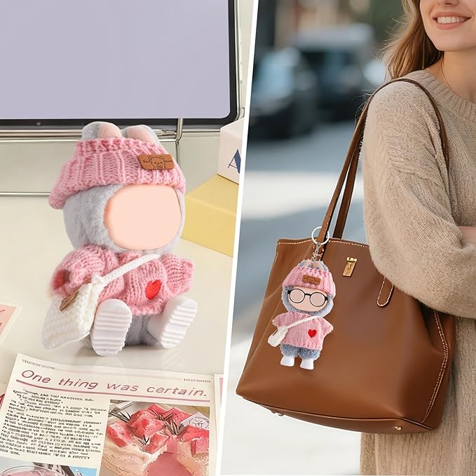 Doll Clothing for Labubu, Premium Outfits for Labubu Dressing up, Handcrafted Crochet Doll Accessories for Labubu with Sweater, Hat, Glasses, Small Bag, Boots(Pink)