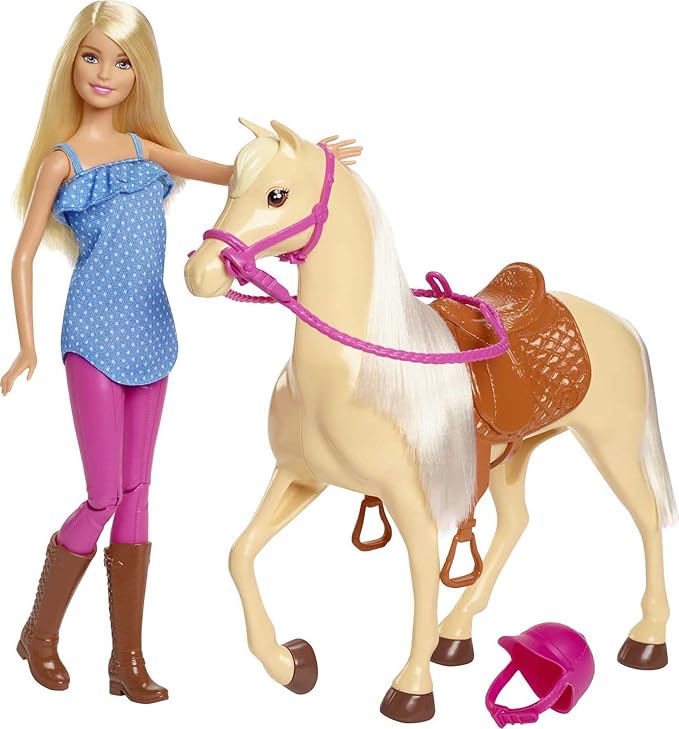 Barbie Doll, Blonde, Wearing Riding Outfit with Helmet, and Light Brown Horse with Soft White Mane and Tail, Gift for 3 to 7 Year Olds (Amazon Exclusive)