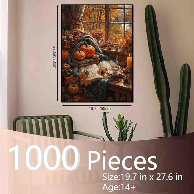 Autumn Scenery Jigsaw Puzzle 1000 Pieces Adults Window Fallen Leaves Puzzle Thanksgiving Puzzle Challenging for Family Game Perfect Family Fun Activity Wall Art Decor Gift 19.7 "x 27.6 "