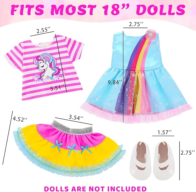 ECORELF 18 Inch Amercian Doll Clothes, 2 Set Girl Doll Clothes and Accessories for 18 Inch Dolls 7 Pcs Include Dress, Hair Clip , Phone, Shoes, Sticker, Top and Mini Skirt