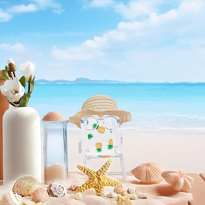 Doll Accessories Compatible with Labubu, Wooden Mini Folding Chair with Sunglasses & Straw Hat for 15cm/17cm Dolls,No Doll