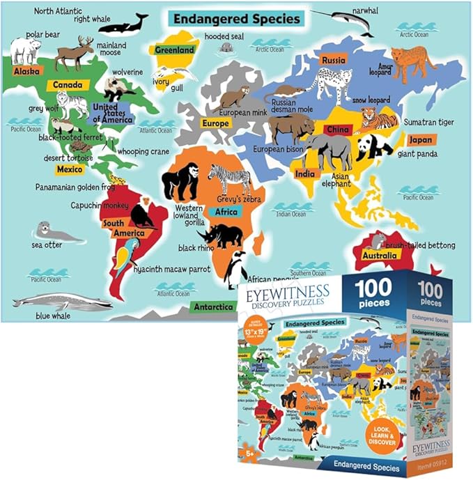 Eyewitness Discovery Puzzle Endangered Species, 100 Piece Jigsaw for Kids, Educational Learning Toy for Boys & Girls, Children Ages 5+