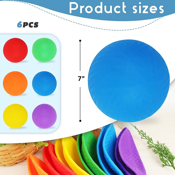 Amor Present 6PCS Playground Ball, 7 Inch Inflatable Kickballs with Pump, Rainbow Rubber Dodgeball for Kids Beach Toy Sports Games Indoor Outdoor Pool Party