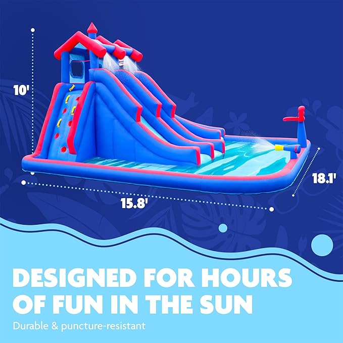 Sunny & Fun Mega Sport Inflatable Water Triple Slide Park – Heavy-Duty for Outdoor Fun - Climbing Wall, 3 Slides & Splash Pool – Easy to Set Up & Inflate with Included Air Pump & Carrying Case