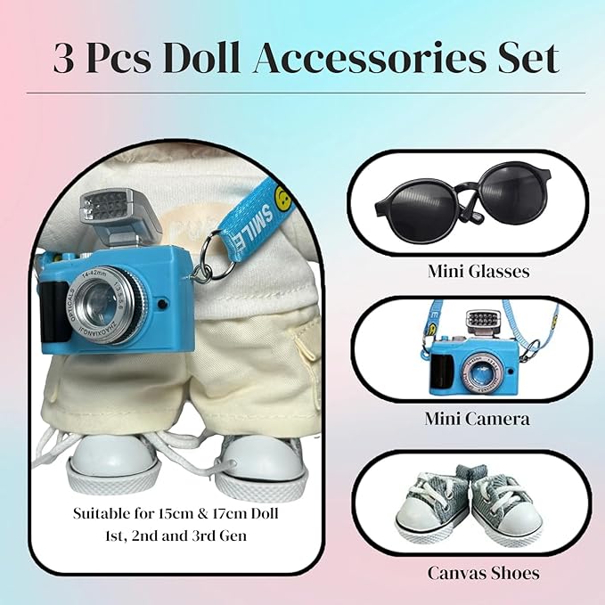 3pcs Doll Accessories Set Included Mini Glasses, Camera and Shoes for 17cm Doll, Dress Up Accessories Mini Costume Supplies for for 6.7 Inches Dolls (Set of Blue)