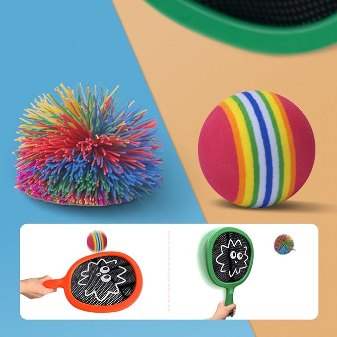 Racquet Paddle Bouncy Ball Play Set for Kids Adults Family Activities Rackets, Indoor Outdoor Play Games,Children’s Pool Beach Sport Toys(with 4 Balls)