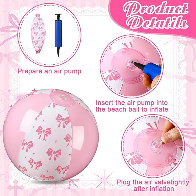 24 Pcs 9 Inch Pink Bow Inflatable Beach Balls Coquette Cute Pool Floats PVC Balls for Summer Hawaiian Tropical Theme Beach Pool Bachelorette Party Supplies (Pink White)