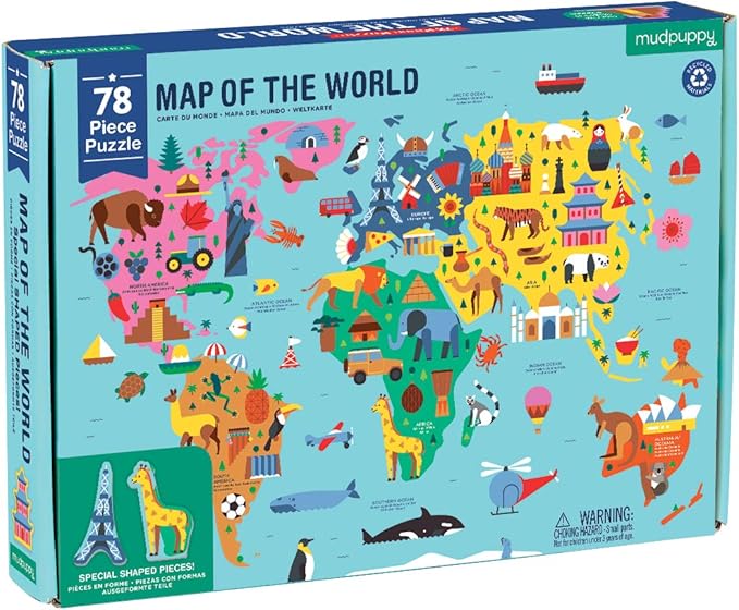 Mudpuppy Map of The World – 78 Piece Geography Puzzle with Special Shaped Pieces and Iconic Landscapes Cultural Items and More