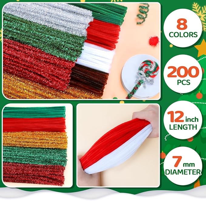200pcs Christmas Pipe Cleaners – 8 Color Chenille Stems & Fuzzy Sticks for Crafts, Holiday DIY Decorations, Ornaments & Family Projects