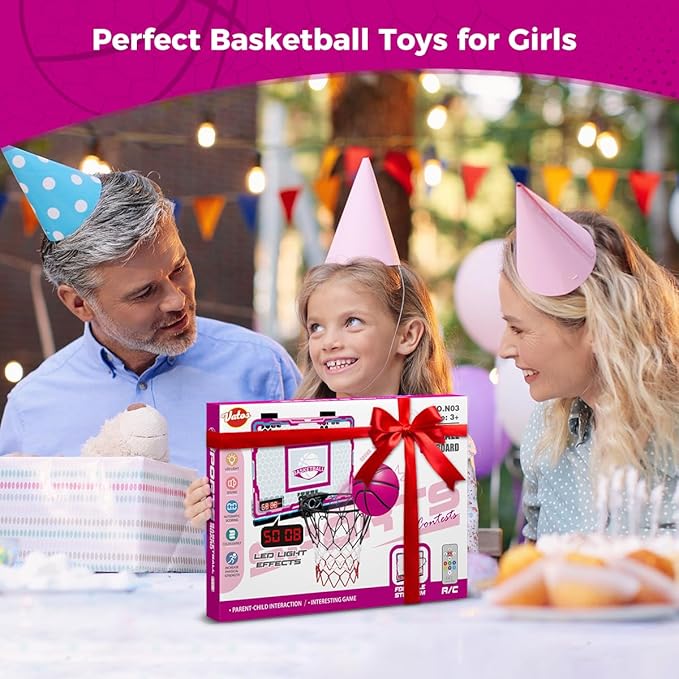 VATOS Basketball Hoop for Girls Indoor, Pink Basketball Hoop with 7 Color Lights, Electronic Scoreboard & Remote Controller, Basketball Set Toys Birthday Gifts for Girls Kids Teens 5-12