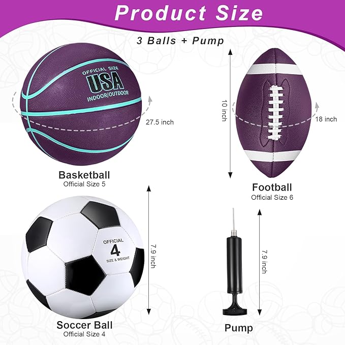 Libima 3 Pcs Sports Ball Set for Kids Teens Include Official Size Basketball Soccer Football with Pump and Carry Bag Training Practice Sport Back to School Gift